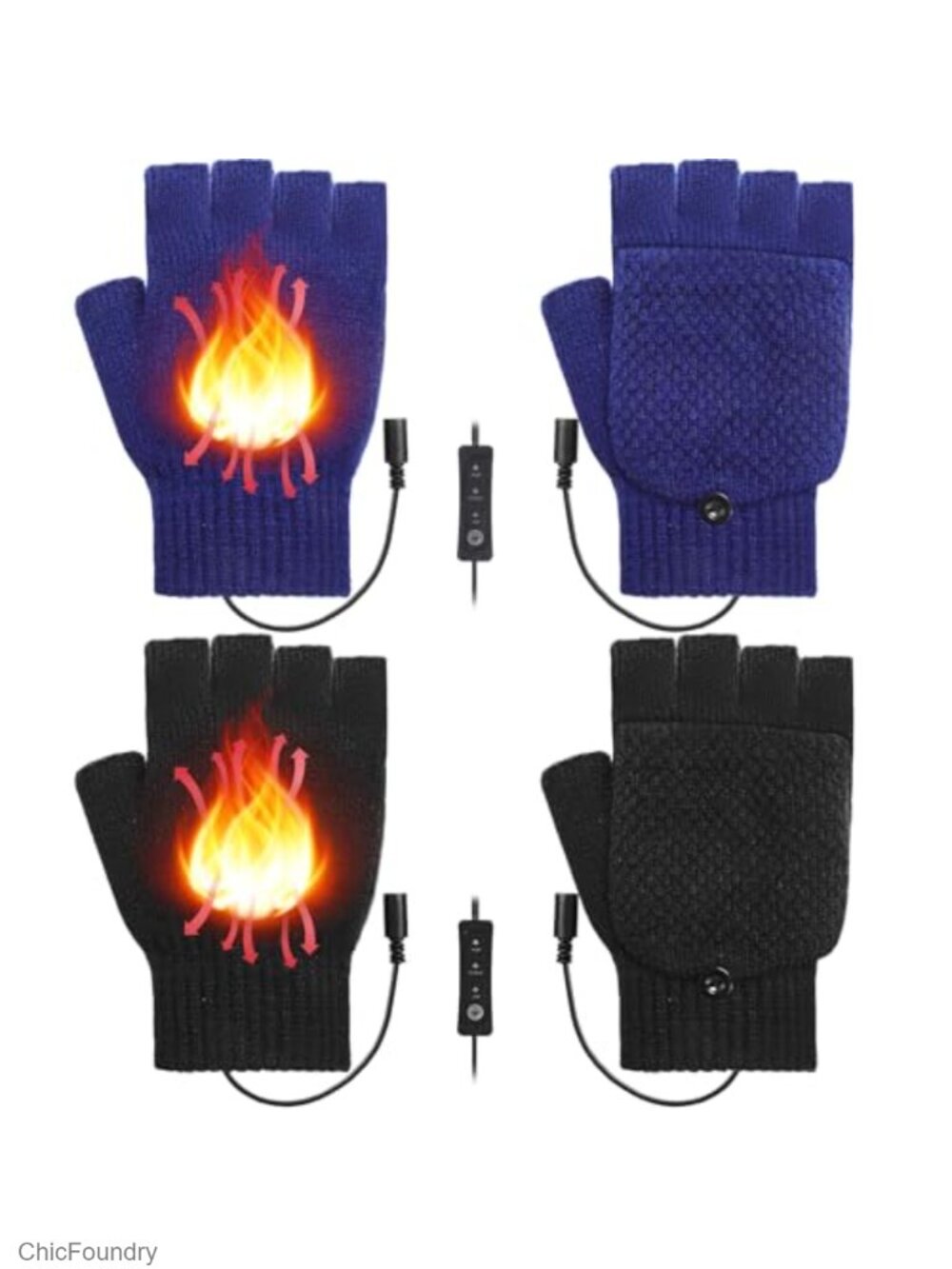 USB Heated Fingerless Gloves Knit Convertible Mittens 2 Pairs